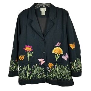 Quacker Factory Black Blazer Embroidery Boho Size Large Fairy Whimsygoth Indie